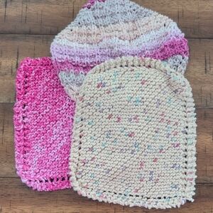 Cozy Knitted Hat and Cloth Set - Pink and Cream